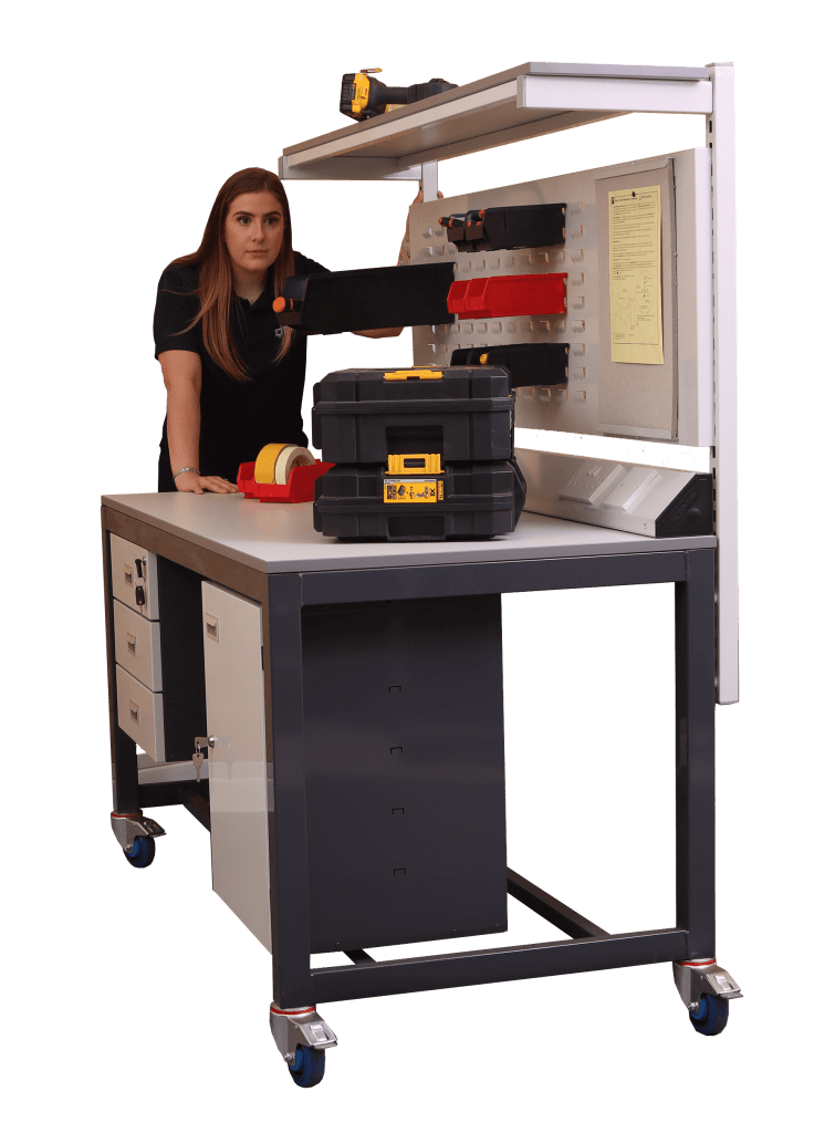 Lady pushing mobile heavy-duty workbench