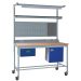 KIT E: Mobile Square Tube Workbench - Beech Top H.840 W.1200 D.750mm - Single Drawer, Storage Cupboard, 1180mm Rear Support Posts, Service Duct Worktop Fitting, Light & Tool Rail, 3 Setting LED Light, Louvre Panel & Laminate Upper Shelf - Blue fronts