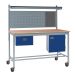 KIT C: Mobile Square Tube Workbench - Beech Top H.840 W.1800 D.750mm - Single Drawer, Storage Cupboard, 760mm Rear Support Posts, Louvre Panel & Laminate Upper Shelf - Blue fronts