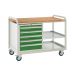 Euroslide Trolley Kit 10 - 2 Shelves & 600mm Euroslide 5 Drawer 4x100mm & 1x150mm - Beech Worktop - Green